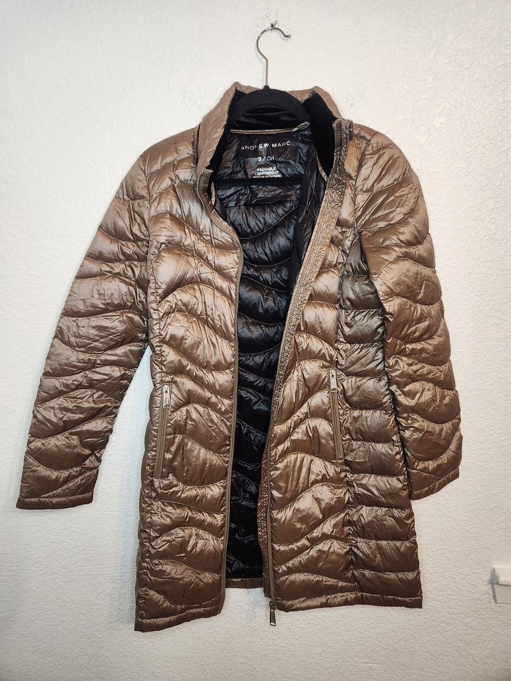 Andrew Marc Premium Down Packable Long Puffer Coat Taupe Brown Womens S - Picture 12 of 16